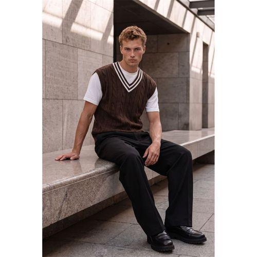 Oxford Relaxed Fit Şerit Yakalı Saç Örgülü V Yaka Erkek Triko Süveter - Kahve