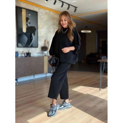 Kadın Uzun Kollu Bisiklet Yaka Viskon Iki Iplik Bluz Ve Pantolon Ikili Takım