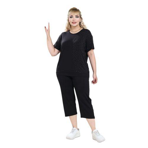 Melsay Butik Siyah Kısa Kol Yarım Taş Baskılı Viskon Kapri Takım
