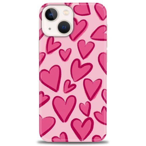 iPhone 14 Plus Kılıf HD Baskılı Kılıf - Pembe Kalp + Tam Ekran Koruyucu