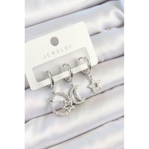 Pirinç Zirkon Taşlı Ay Ve Yıldız Model Gümüş Renk 3'lü Çift Kadın Küpe Set