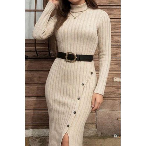 Kadın Uzun Kollu Balıkçı Yaka Yırtmaçlı Düğmeli şardonlu Kaşkorse Elbise