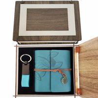 Özel Ahşap Kutulu Mavi Deri Defter Ve Anahtarlık Seti