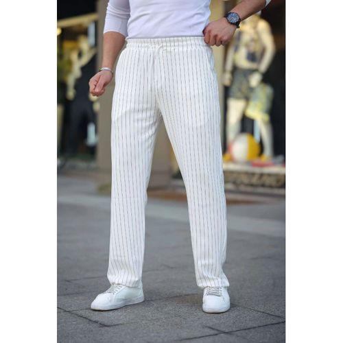 Erkek Cizgili Dokuma Krep Jogger Buggy Pantalon Rahat Kalıp - Beyaz