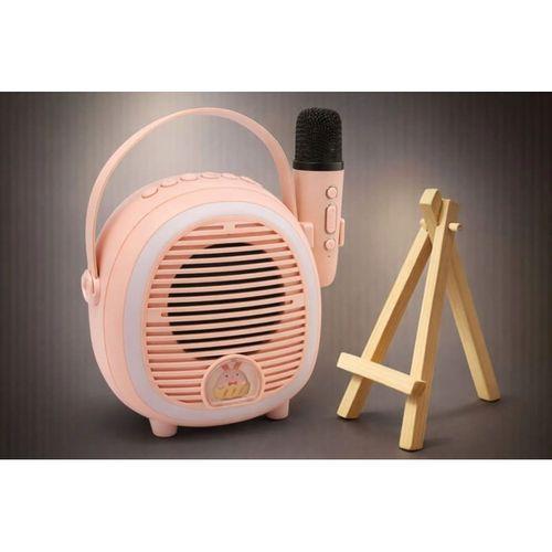 Çocuklara Özel Retro Tasarımlı Bluetooth Karaoke Mikrofon Ve Ahşap Tripodlu – Pembe