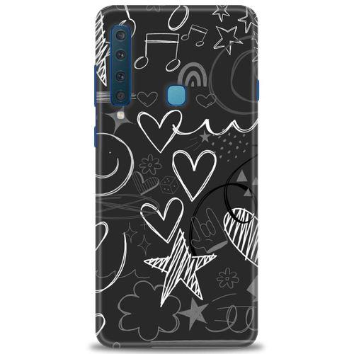 Samsung Galaxy A9 2018 Kılıf HD Baskılı Kılıf - Siyah Kalp ve Notalar + Tam Ekran Koruyucu