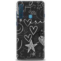 Samsung Galaxy A9 2018 Kılıf HD Baskılı Kılıf - Siyah Kalp ve Notalar + Tam Ekran Koruyucu