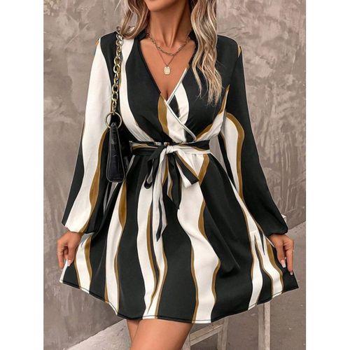 Kadın Uzun Kollu Kruvaze Yakalı Desenli Modal Mini Elbise