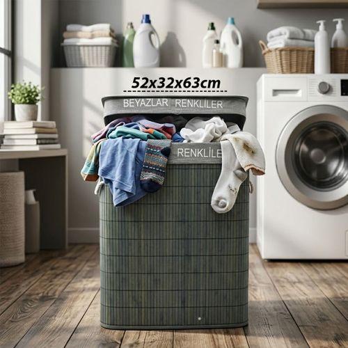 Bambu 2 Bölmeli Çamaşır Sepeti (Dikdörtgen) 52x32x63 cm - Gri