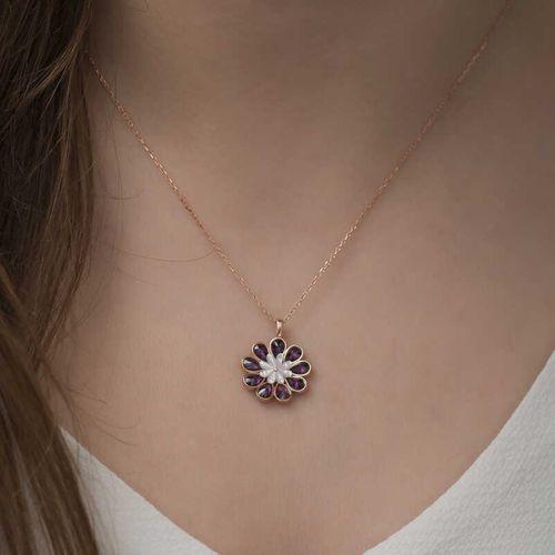 Lucky Life 925 Ayar Gumuss  Rose Erguvan Çiçeği Kolye