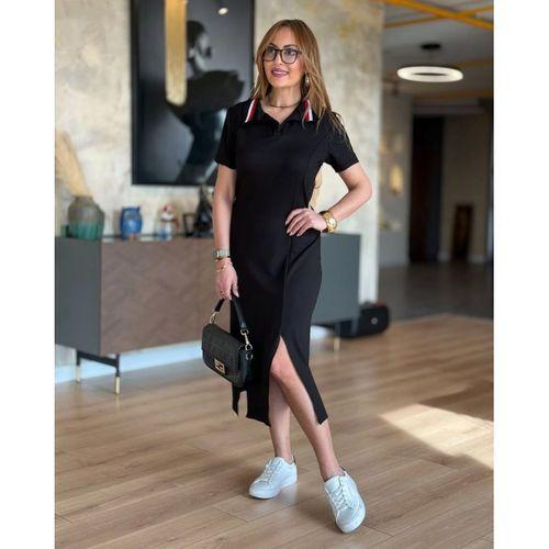 Kadın Kısa Kollu Yakalı Yırtmaçlı Midi Viskon Iki Iplik Elbise