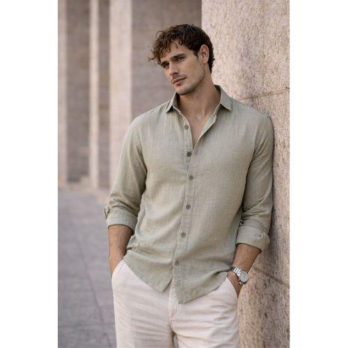 Nefes Alabilir Yarım Oversize Müslin Kumaş Uzun Kol Yakalı Erkek Gömlek - Açık Haki