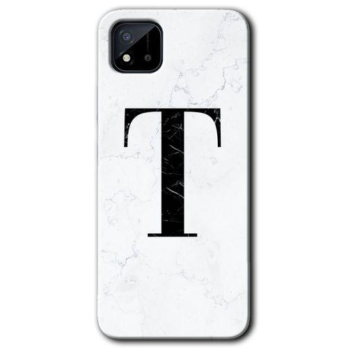 Realme C11 Kılıf HD Desen Baskılı Arka Kapak + Temperli Cam - Beyaz Mermer Desenli T Harfi