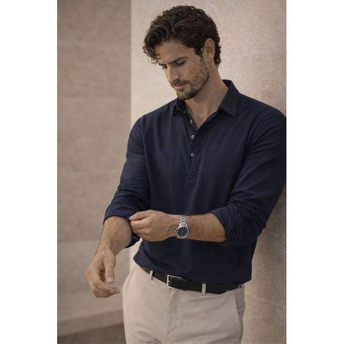 Yarım Pat Yakalı York Pamuk Kumaşlı Uzun Kollu Erkek Gömlek - Lacivert