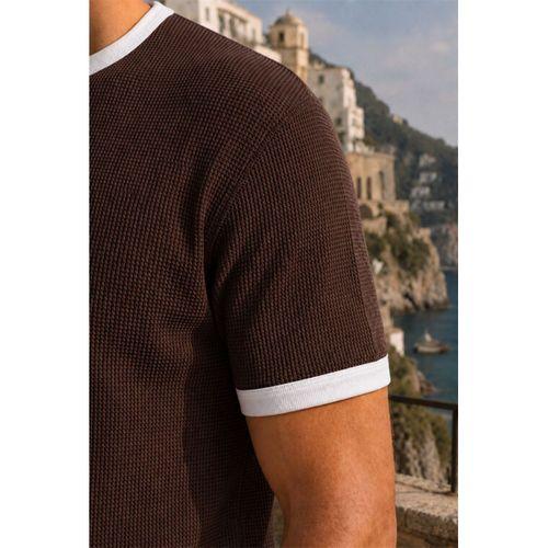 Miyazaki Regular Fit %100 Pamuk Waffle Box Bisiklet Yaka Erkek T-Shirt - Kahve