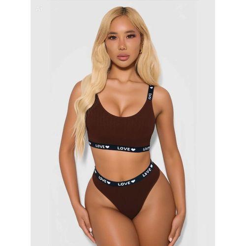 Kadın Kahverengi Love Yazılı Mayo Bikini Şık Esnek Kumaş Plaj Giyim Özel Tasarım