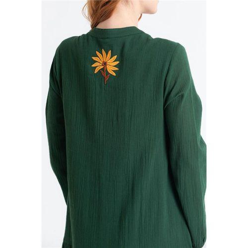 Uzun Kol Şile Bezi Aslı Nakışlı Uzun Yazlık Elbise Yeşil Ysl
