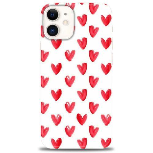 iPhone 12 Kılıf HD Baskılı Kılıf - Kırmızı Minik Kalpler + Tam Ekran Koruyucu