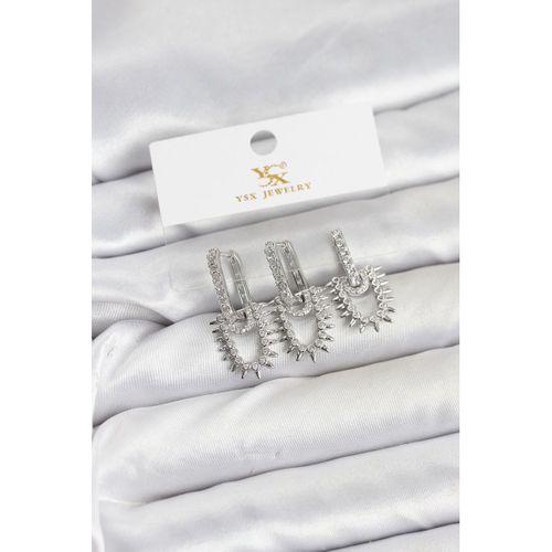 Pirinç Gümüş Renk Zirkon Taşlı Vintage Model YSX Trio Küpe Seti - TJ-BKP11561