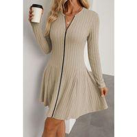 Kadın Uzun Kollu önden Fermuarlı Pileli şardonlu Kaşkorse Mini Elbise