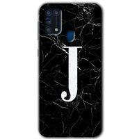 Potkal Hediye Fabrikası Samsung Galaxy M31 HD Baskılı Kılıf + 9D Tam Ekran Koruyucu - Siyah Mermer Desenli J Harfi
