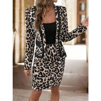 Kadın Uzun Kollu önü Açık Leopar Desen Modal Ceket Ve Etek Ikili Takım