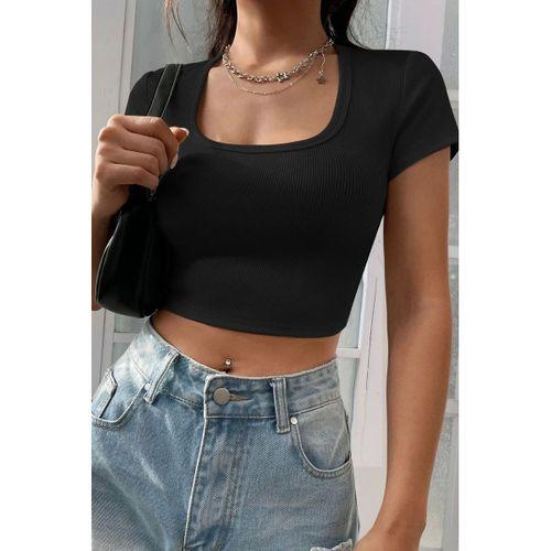 Kadın Siyah Modern Fit Yarım Kol Düz Yaka Crop Top Bluz