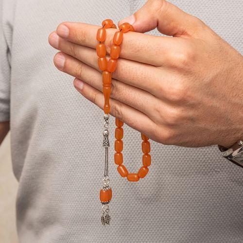 Gümüş Püsküllü Turuncu Kapsül Kesim Sıkma Kehribar Tesbih