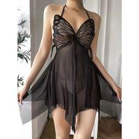 Siyah Kelebek İşlemeli Tül Fantezi Gecelik