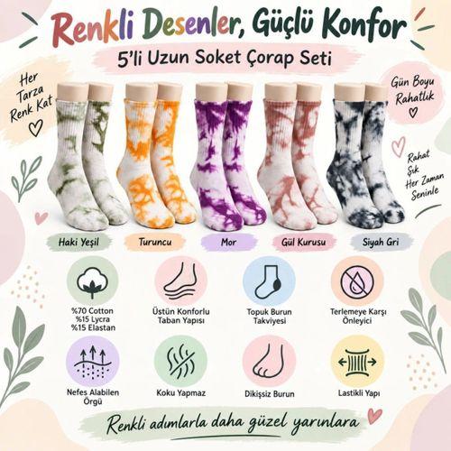 Unisex Batik Desenli Çorap 10'lu Set Renkli Pamuklu Uzun Soket Dikişsiz Nefes Alan Günlük Spor Çorabı