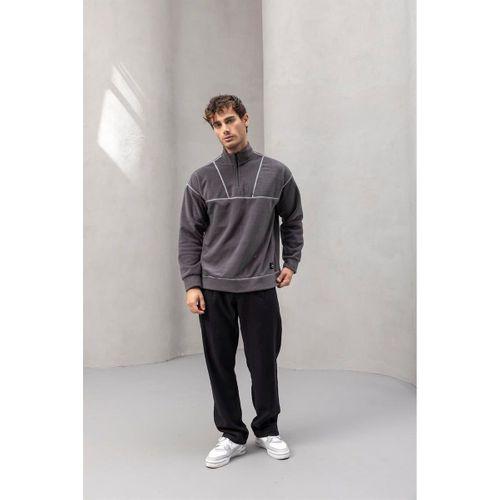 Crowe Çizgi Şeritli Oversize Yarım Fermuar Polar Erkek Sweatshirt - Füme