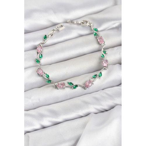 Pirinç Gümüş Renk Pembe Zirkon Taşlı Çiçek Model Kadın Bileklik