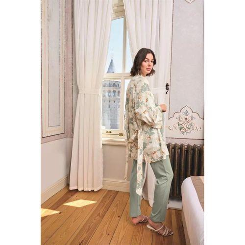 Çiçek Ve Yaprak Desenli Dantelli Hamile Lohusa 3'lü Pijama Takımı