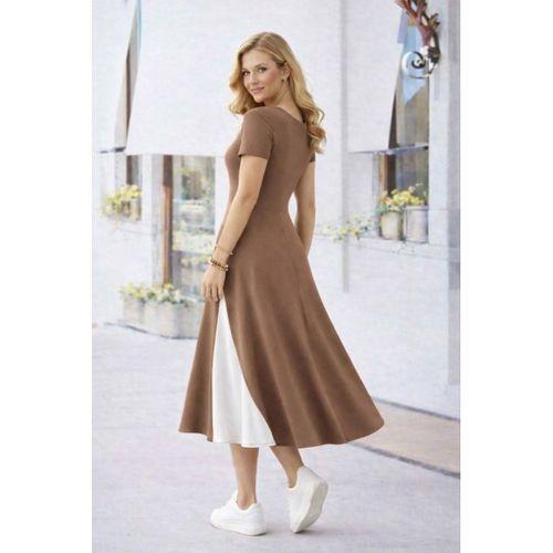 Kadın Kısa Kollu Asimetrik Yakalı Düğme Detaylı Midi Viskon Elbise