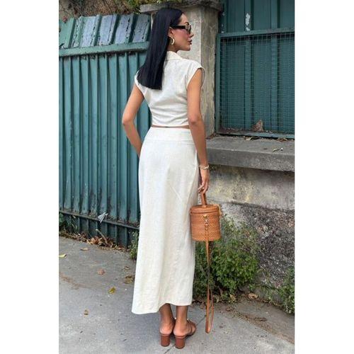 Bluzu Büzgülü Ve Eteği Tokalı Keten Takım 10204