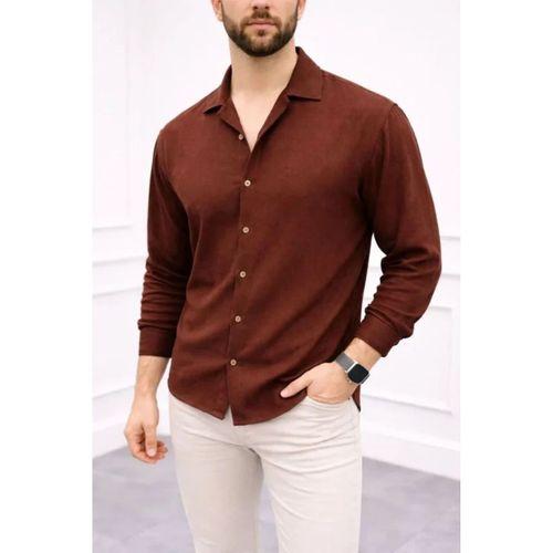 Erkek Aerobin Kumaş Oversize 4 Mevsim Uzun Kollu Rahat Kalıp Gömlek - Kahverengi