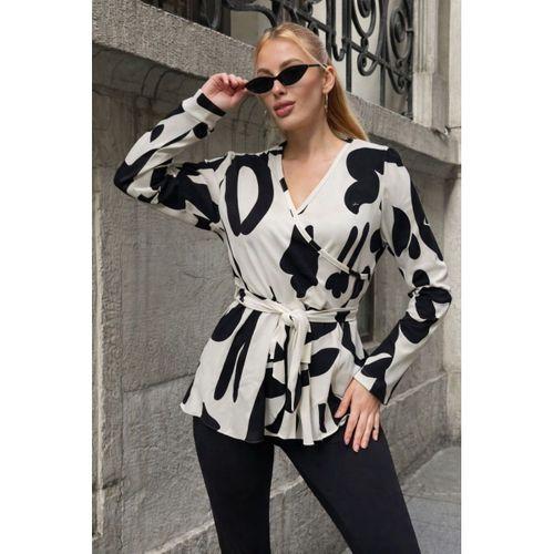 Kadın Uzun Kollu Kruvaze Yakalı Yandan Bağlamalı Kısa Beli Kuşaklı Modal Bluz