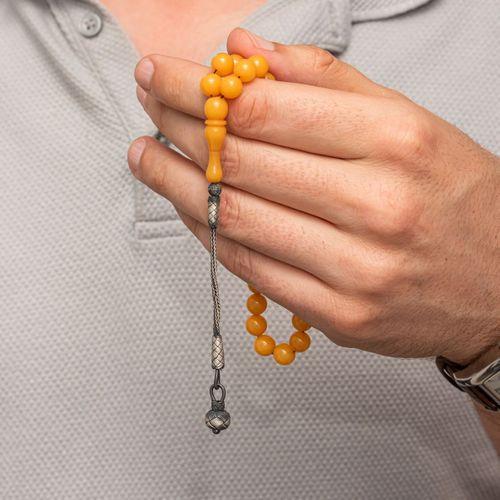 Gümüş Top Kazaz Püsküllü Sarı Yuvarlak Sıkma Kehribar Tesbih