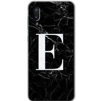 MRCİLETİSİM Samsung Galaxy A02 Kılıf Baskılı Kapak - Siyah Mermer Desenli E Harfi + 5D Tam Kaplayan Cam