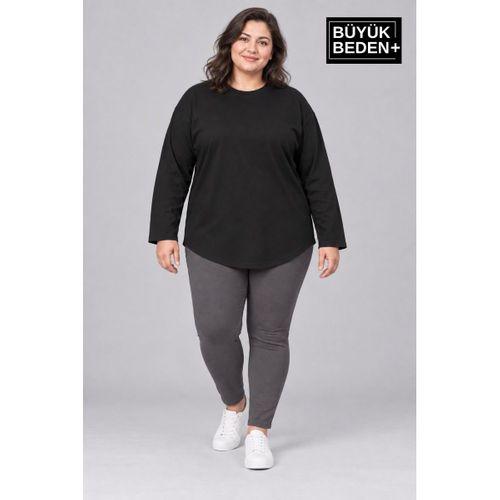 Süperlife Kadın Büyük Beden Bisiklet Yaka Süprem İnce Uzun Kollu Oval Etek Tişört SPR26BTSK943