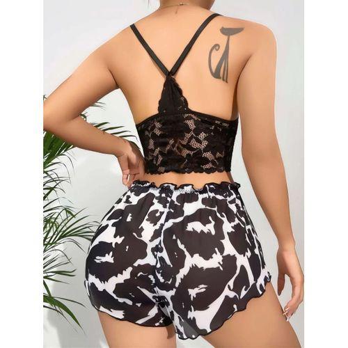 Kadın Leopar Dantel Detaylı Şortlu Gecelik Pijama Takımı 5055