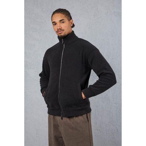 Ron Selanik Örme İçi Peluş Çift Fermuarlı Dik Yaka Erkek Hırka Sweatshirt  - Siyah