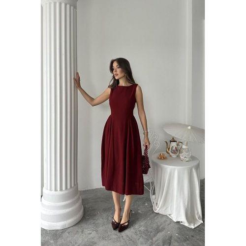 Bordo Yanları Büzgülü Midi Boy Keten Elbise