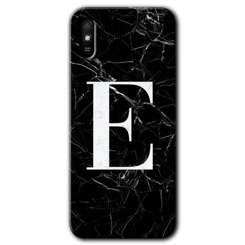 Redmi 9A Kılıf HD Desen Baskılı Arka Kapak - Siyah Mermer Desenli E Harfi + Kırılmaz Cam