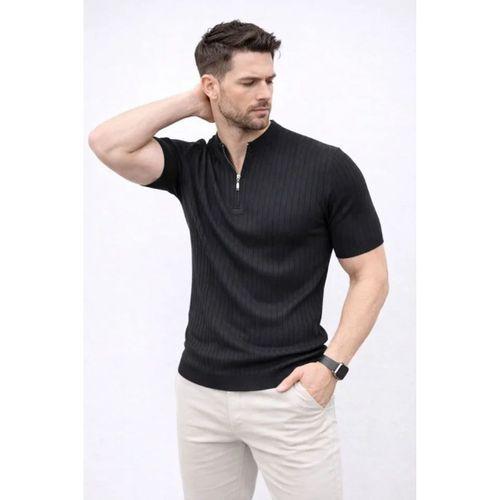 Erkek Kısa Kol Fitilli Triko T-Shirt Yazlık Hakim Yaka Tişört - Siyah