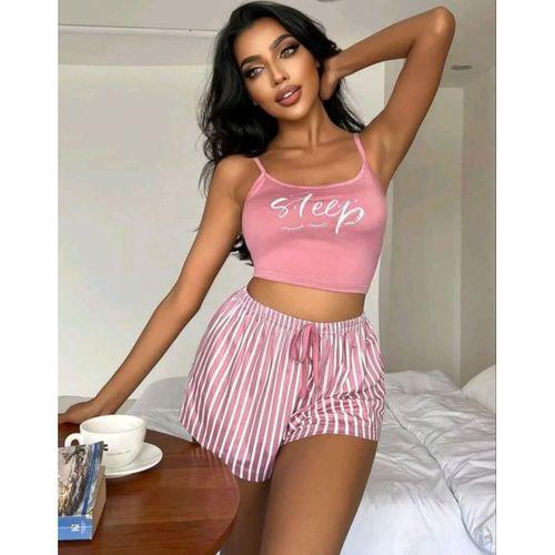 Kadın Pembe Çizgili Desen Askılı Şortlu Pijama Takımı Rahat Şık 2’li Set