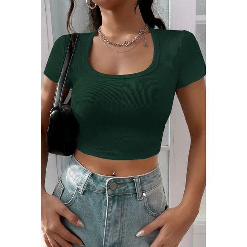 Kadın Yeşil Yarım Kol Düz Yaka Crop Top Bluz