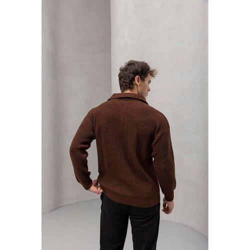 Oversize Selanik Örgü 4 Düğmeli Yarım Pat Rahat Kalıp Erkek Triko Kazak - Kahve