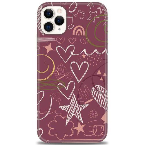 iPhone 11 Pro Max Kılıf HD Baskılı Kılıf - Notalar ve Kalpler Bordo + Tam Ekran Koruyucu