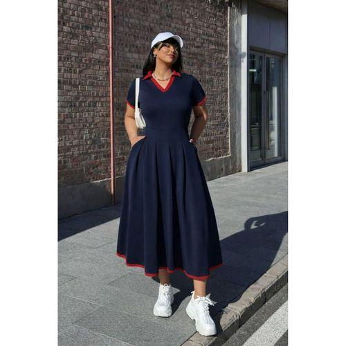 Kadın Kısa Kollu V Yakalı Pileli Uzun Janjan Krep Elbise